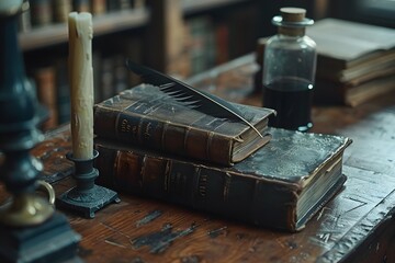 Vintage Books and Quill on Wooden Table with Ink Pot