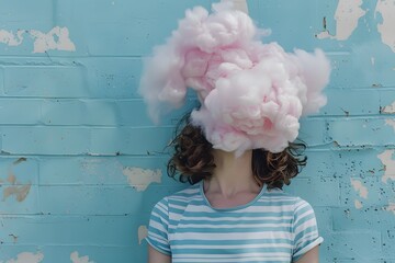 Creative Portrait of Woman with Pink Cotton Candy Clouds