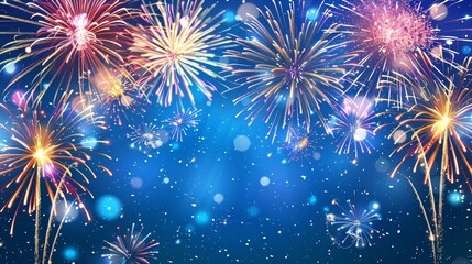 Abstract colored festive firework background in the night sky. Firecrackers and sparks isolated on...