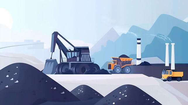 Industrial Landscape with Coal Piles and Machinery. Environmental Impact Concept. Coal Mining Operation with Heavy Machinery. Coal Industry Concept