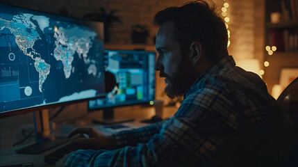 Cybersecurity and Monitoring Concept. Analyst Working at Night on Computers with World Map. Man Working with Global Maps on Computer Screens