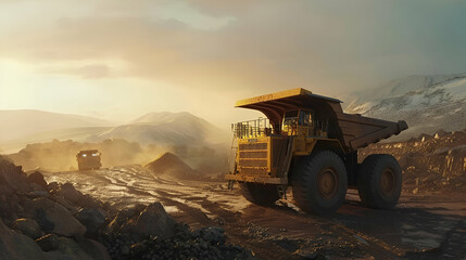 Heavy Mining Equipment at Work. Mining Industry Concept. Dump Truck on a Construction Site. Earthmoving Operations Concept. Mining automation - obrazy, fototapety, plakaty