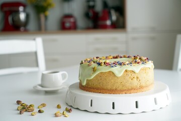 Sernik, tort, ciasto na stole w kuchni