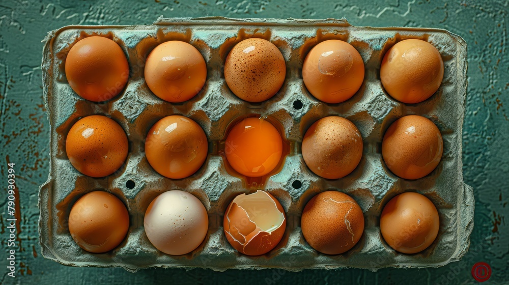 Poster   A dozen brown eggs in a carton on a green surface The white egg is centrally placed within the carton