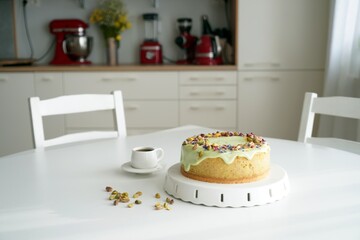 Ciasto, sernik, tort z kawą na stole w kuchni - obrazy, fototapety, plakaty