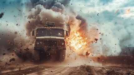 Explosion Near Military Truck. Combat Zone Concept. Military Vehicle Evading Explosion. Battlefield Escape Concept. Military Vehicle Under Attack. Warfare Concept - obrazy, fototapety, plakaty