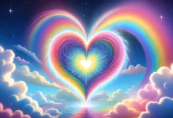 a rainbow heart with clouds and stars