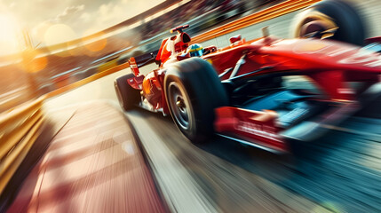 Racing car at high speed. Racer on a racing car passes the track. Motor sports competitive team racing. Motion blur background - obrazy, fototapety, plakaty