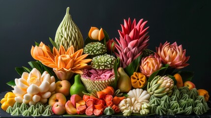 Fototapeta premium A beautiful arrangement of colorful Thai fruit carvings, skillfully crafted into intricate designs and served as decorative garnishes.