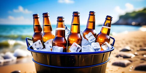 beer bottles in bucket full of ice cubes beach, blur background