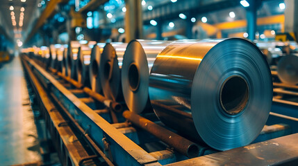 Industrial Manufacturing Concept. Rolls of Sheet Metal in a Factory. Steel Industry Concept. Rolled Steel in a Production Plant