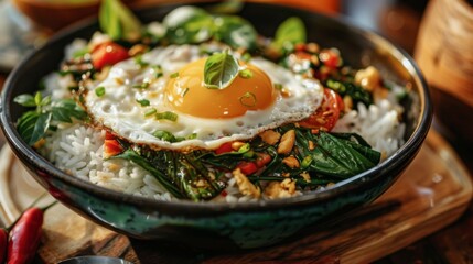 A beautiful presentation of Pad Kra Pao (Thai basil stir-fry) served over jasmine rice with a fried egg on top, a beloved Thai comfort dish. - obrazy, fototapety, plakaty