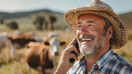 Fototapeta premium Smiling Farmer With Mobile Phone