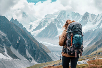 A young girl with a travel backpack on her back against the backdrop of tall snow-covered mountains