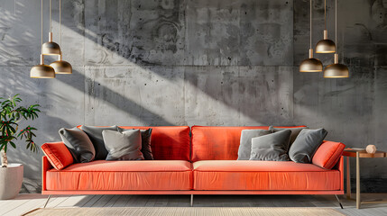 An example of a coral themed living room interior design, grey stone wall mock up - obrazy, fototapety, plakaty