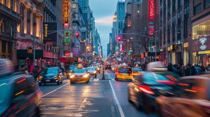 A bustling city street with cars zipping by, showcasing the vibrant energy of urban transportation arteries.