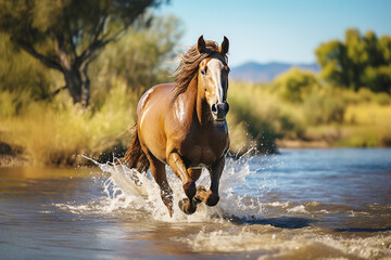The horse runs along the river, splashing water around it