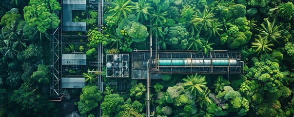 Aerial view of a sprawling industrial complex integrated within a lush, tropical rainforest environment.