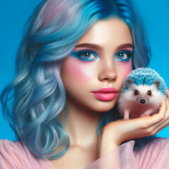 A girl with blue hair holds a hedgehog in her hands. - 790932399