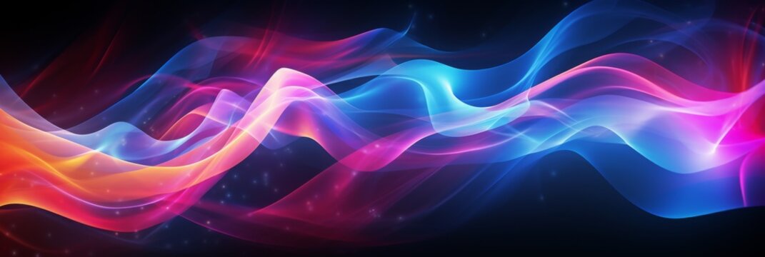 Abstract Waves in Vivid Colors On Dark Background. Colorful Light Waveforms. Generative AI