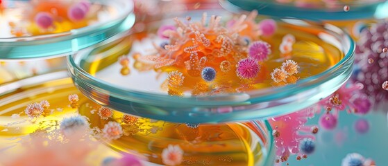 High-Resolution Macro Close-Up Image of Colorful Fungal Spores and Bacteria in Petri Dish Showcasing Microbial Diversity in Scientific Laboratory