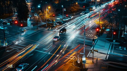 A busy intersection at night illuminated by the glow of traffic lights and the headlights of passing cars.