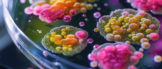 Hyper-realistic Macro Close-up of Colorful Fungal Spores Among Bacteria in Petri Dish: Microbial Diversity in Scientific Laboratory