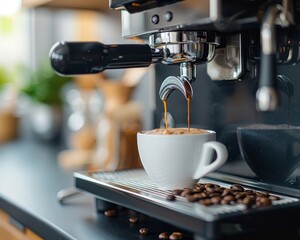 Close-up of an espresso machine brewing a hot cup of coffee, with coffee beans scattered around.
