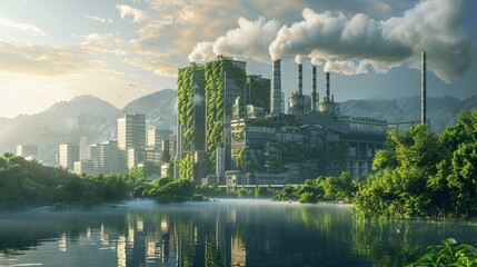 Digital artwork of a modern, vine-covered industrial facility emitting smoke by a serene mountain lake, reflecting sustainable themes.