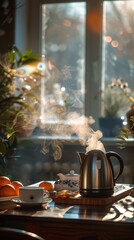 Morning sun streaming through a window, highlighting steam rising from a hot kettle, with tea and oranges on the table.