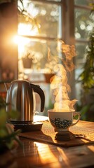 Steaming tea cup with an electric kettle on a sunny kitchen counter, evoking a cozy, warm morning atmosphere.