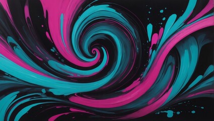 Neon dreams, Vibrant turquoise and magenta hues stand out against a black backdrop in this swirling abstract design. - obrazy, fototapety, plakaty