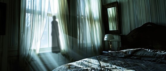 Midnight Mystery: Eerie Bedroom Window Silhouette Haunts in Hyper-Realistic Blur