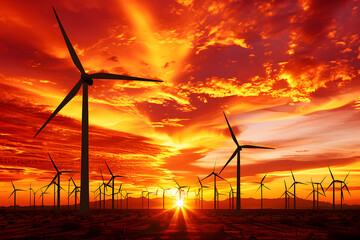 A field of wind turbines at sunset, the sky painted in hues of orange and red, isolated on an energy revolution background for World Environment Day
