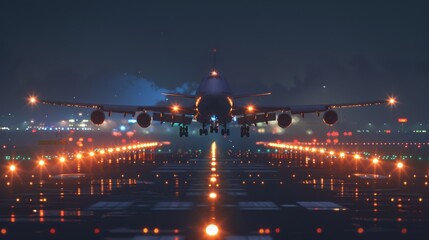 A cargo aircraft landing at night, with runway lights guiding its descent and touchdown in the darkness.