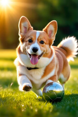 Happy welsh corgi breed dog running in the grass and bringing a tennis ball. - 790933704
