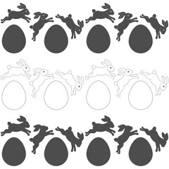 Set of horizontal seamless patterns with Easter bunny and eggs. Isolated vector objects on white background.