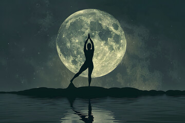 A yoga pose silhouette against a full moon, isolated on a moonlit serenity grey background for International Yoga Day 
