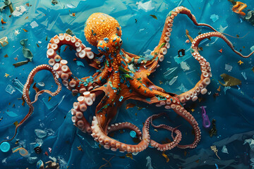 Obraz premium An artist's rendition of an octopus using ocean debris, isolated on an artistic ocean cleanup indigo background for World Ocean Day