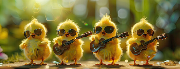 Rockin' Chick Quartet: Yellow Feathered Friends in Tiny Shades Play Mini Musical Instruments with Playful Beach Vibes