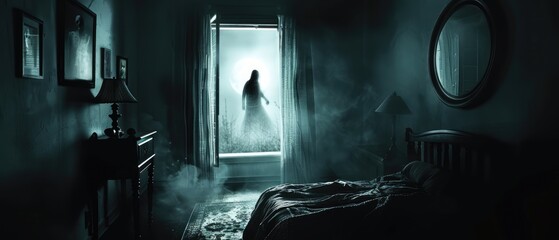 Eerie Moonlit Bedroom: Blurred Ghost Silhouette Peering Through Window, Stirring Unease in the Quiet Night