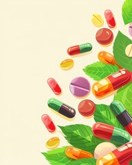 Vitamins and supplements on a light background. Banner for the website of a medical institution, laboratory or pharmacology. generative ai