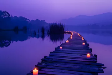 Keuken spatwand met foto A candlelit path leading to a peaceful yoga spot by a lake at dusk, isolated on a mystical twilight purple background for International Yoga Day © Studio Vision