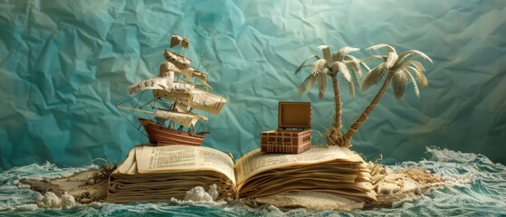 Hyper-Realistic 3D Diorama: Desert Island Adventure Scene with Paper Palm Tree, Treasure Chest, and Quotes Buried in Book Pages