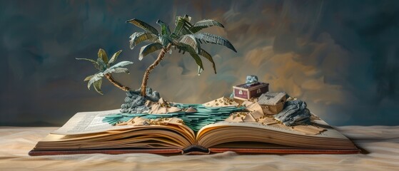 Hyper-realistic 3D Diorama of Desert Island Adventure Scene with Paper Palm Tree and Buried Treasure Chest from Book Pages