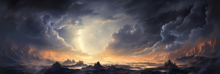 Surreal Apocalyptic Mystical Landscape. Dramatic Sky and Illuminated Peaks With Stormy Sky. Generative AI
