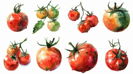 watercolor illustration of ripe tomatoes and twigs with fruits on a white background
