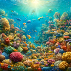 Naklejka na ściany i meble Colorful Coral Reef with Marine Life Underwater