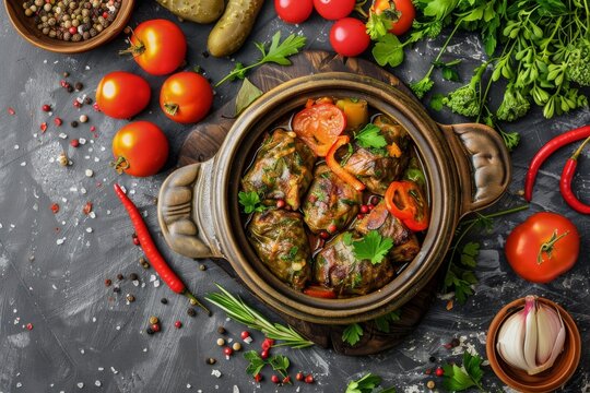 Dolma Set, Buglama with Lamb Shin, Vegetables, Fragrant Herbs. Sarma, Dolmades, Dolmadakia