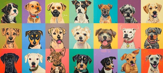 pop art boxes with different colored backgrounds and different breeds of dogs 
